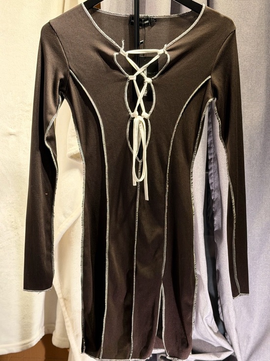 PrettyLittleThing Dresses & Skirts - Brown Long Sleeve Lace-Up Ribbed Mini Dress with Contrast Stitching Bodycon Sz S